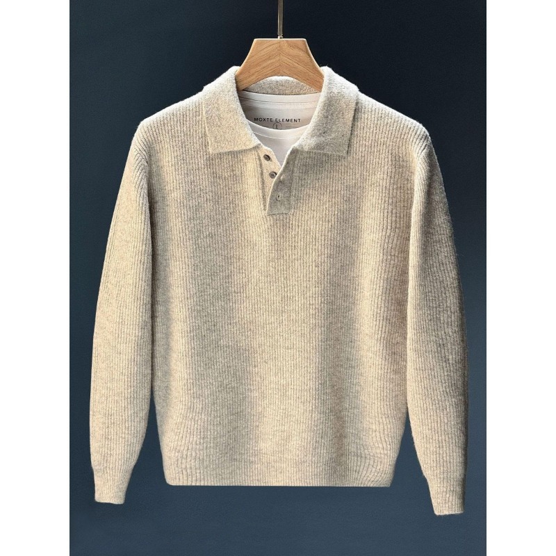 Ribbed Knit Sweater - سترة رجالية بياقة بولو ونصف أزرار،