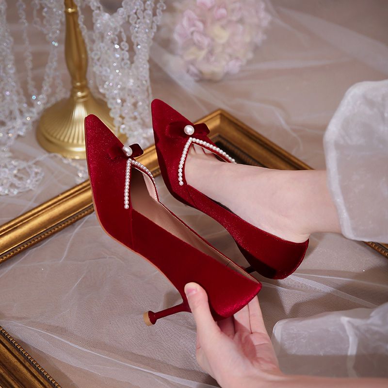 Women'S Fashion Quick Delivery - أحمر عالية الكعب لؤلؤة السيدات مضخات