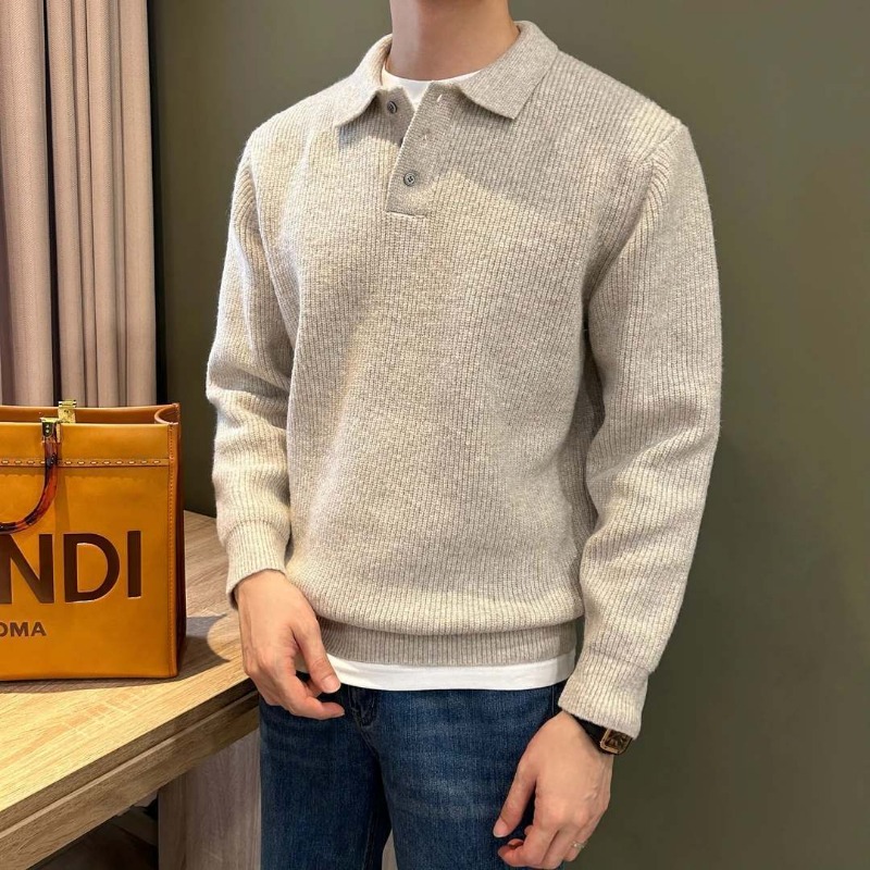 Ribbed Knit Sweater - سترة بولو رجالية محبوكة ذات ياقة