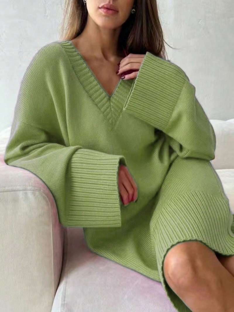 Ribbed Knit Sweater - فستان نسائي مقاس كبير بلون موحد،
